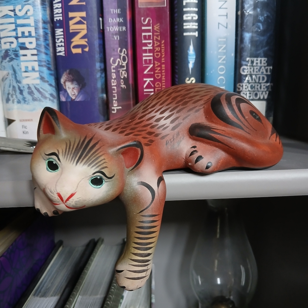 Unique Tonala Mexican Pottery Handpainted Shelf Sitter Orange Tabby Cat Signed